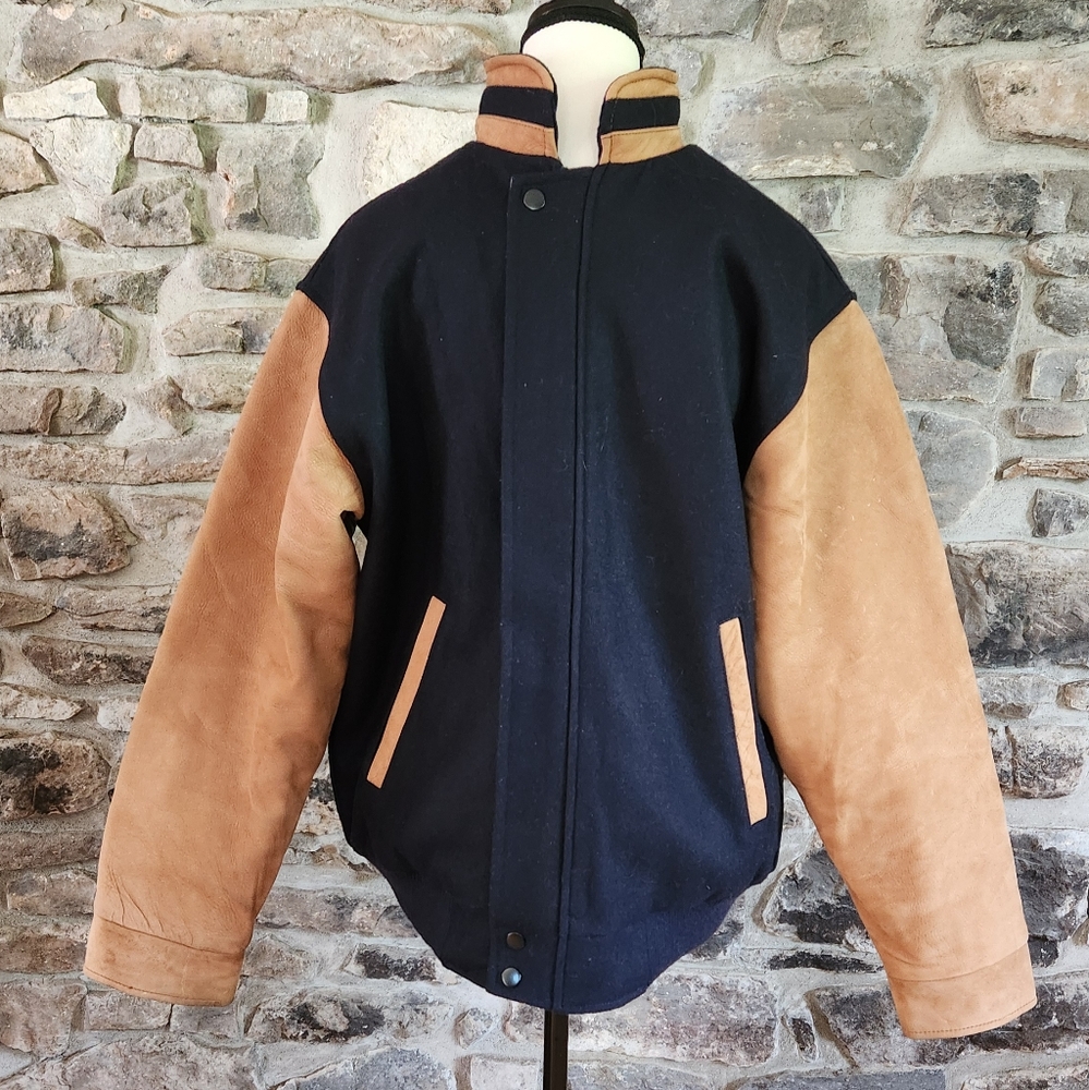 Brown And Navy Leather/Wool Varsity Jacket